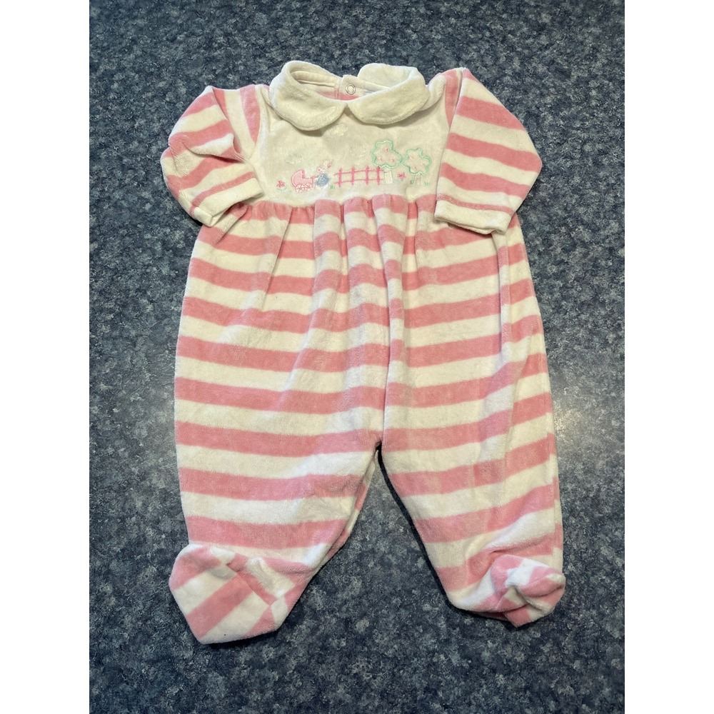 Little Me Baby Girl Pink White Striped Velour Footed Sleeper Bunny 6 Months